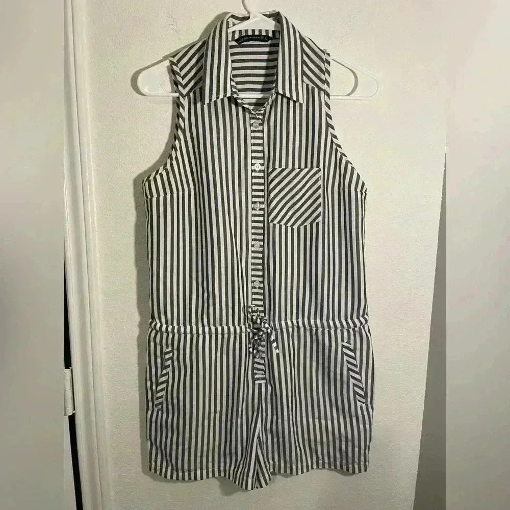 Zara Woman Collared Sleeveless Blue White Striped Tie Waist Pocketed Romper Sz S